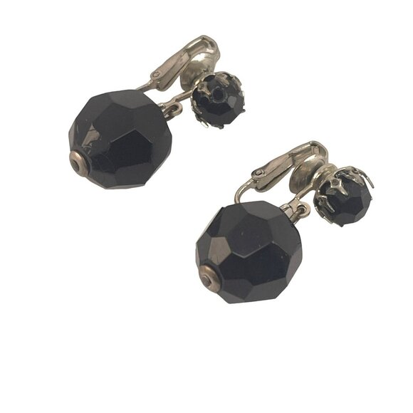 Western Germany Vintage Black Faceted Glass Clip-On Earrings 1950s - Picture 3 of 7